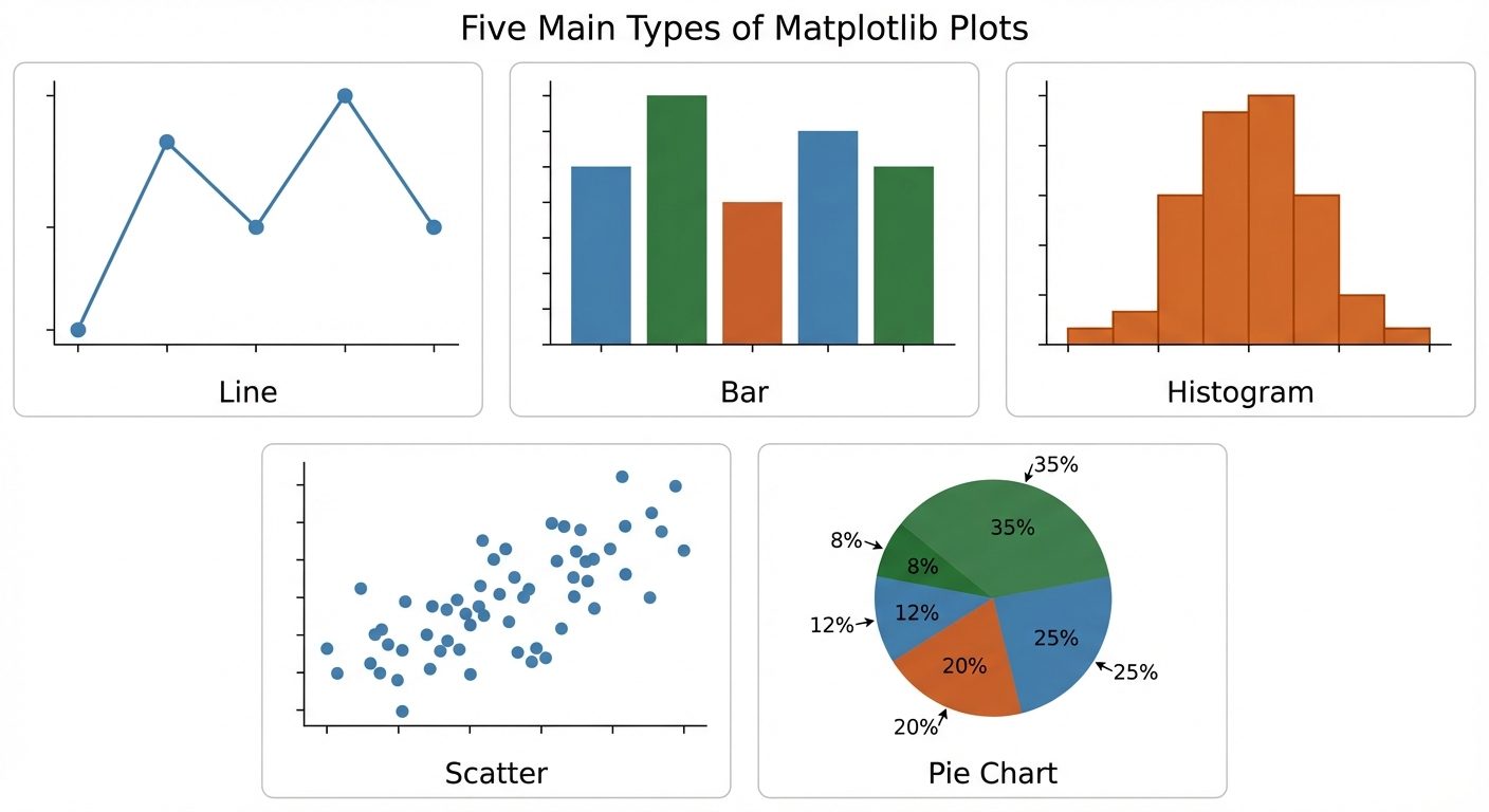 A grid layout diagram showing the five main types of Matplotlib plots. The image should be divided i...