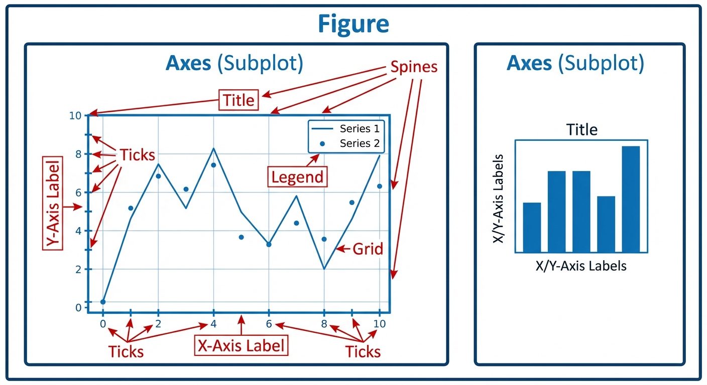An infographic detailing the anatomy of a Matplotlib Figure. The main visual is a large rectangle la...