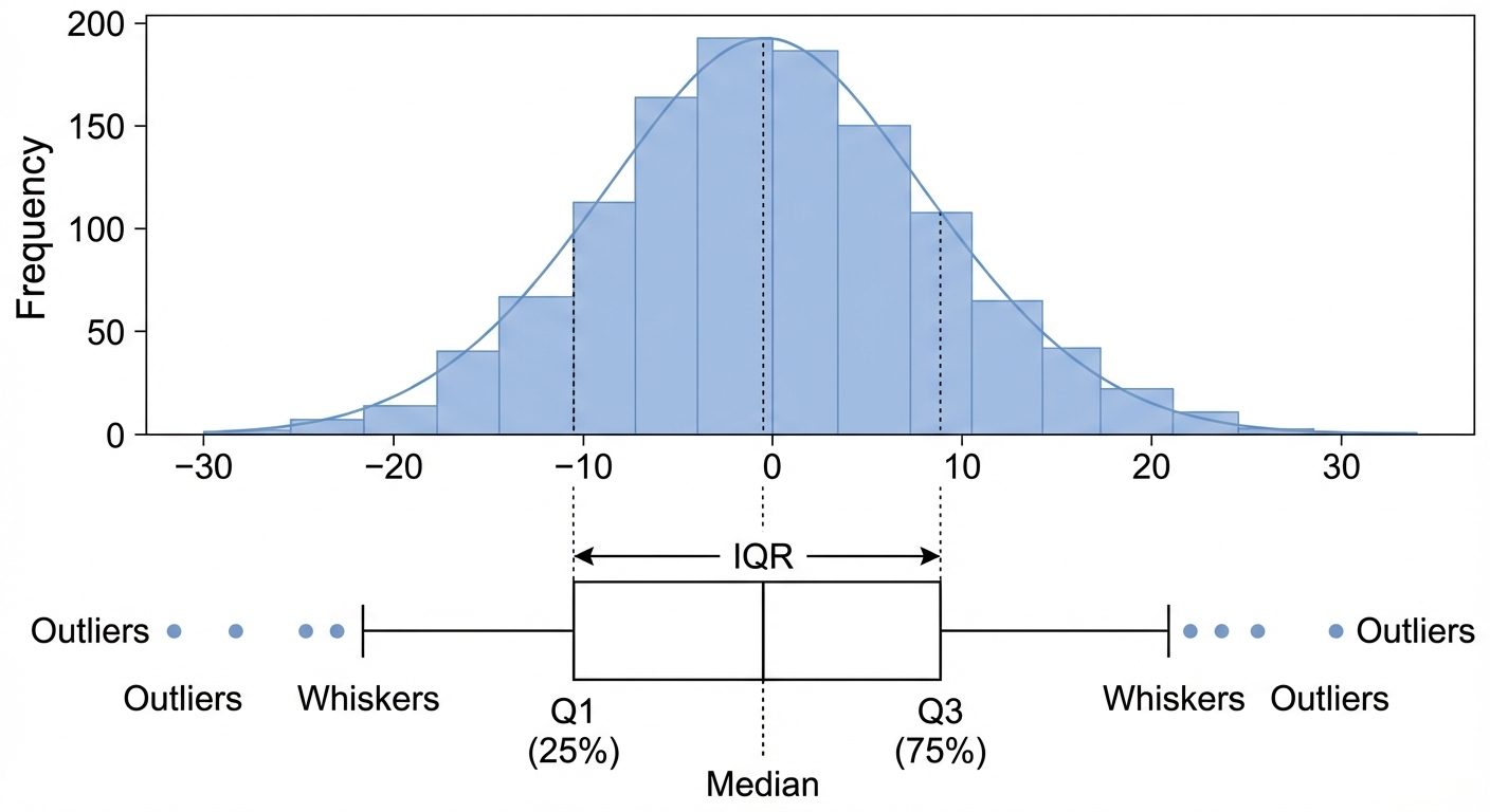 A comparative diagram showing a Normal Distribution Histogram alongside a Box Plot for the same data...