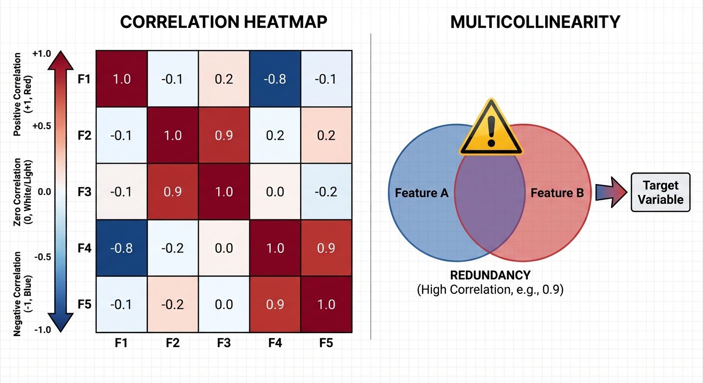A visualization of a Correlation Heatmap and Multicollinearity. On the left: A 5x5 square grid heatm...