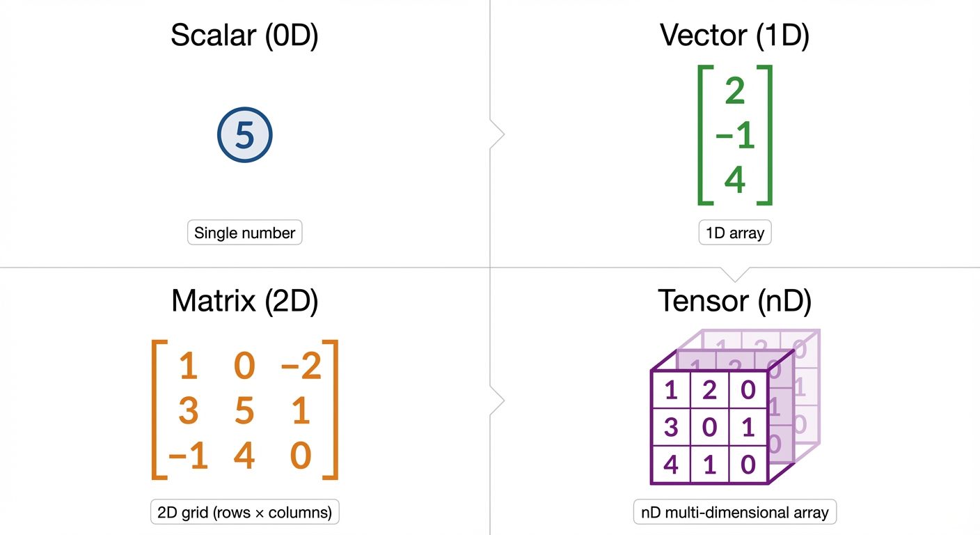 A conceptual comparison diagram showing the hierarchy of data representations in linear algebra. Top...