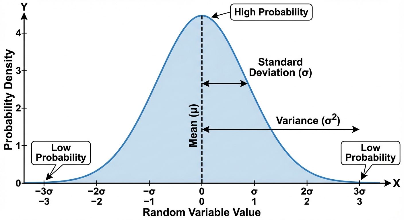 A mathematical plot of a Gaussian (Normal) distribution curve. The X-axis represents the random vari...