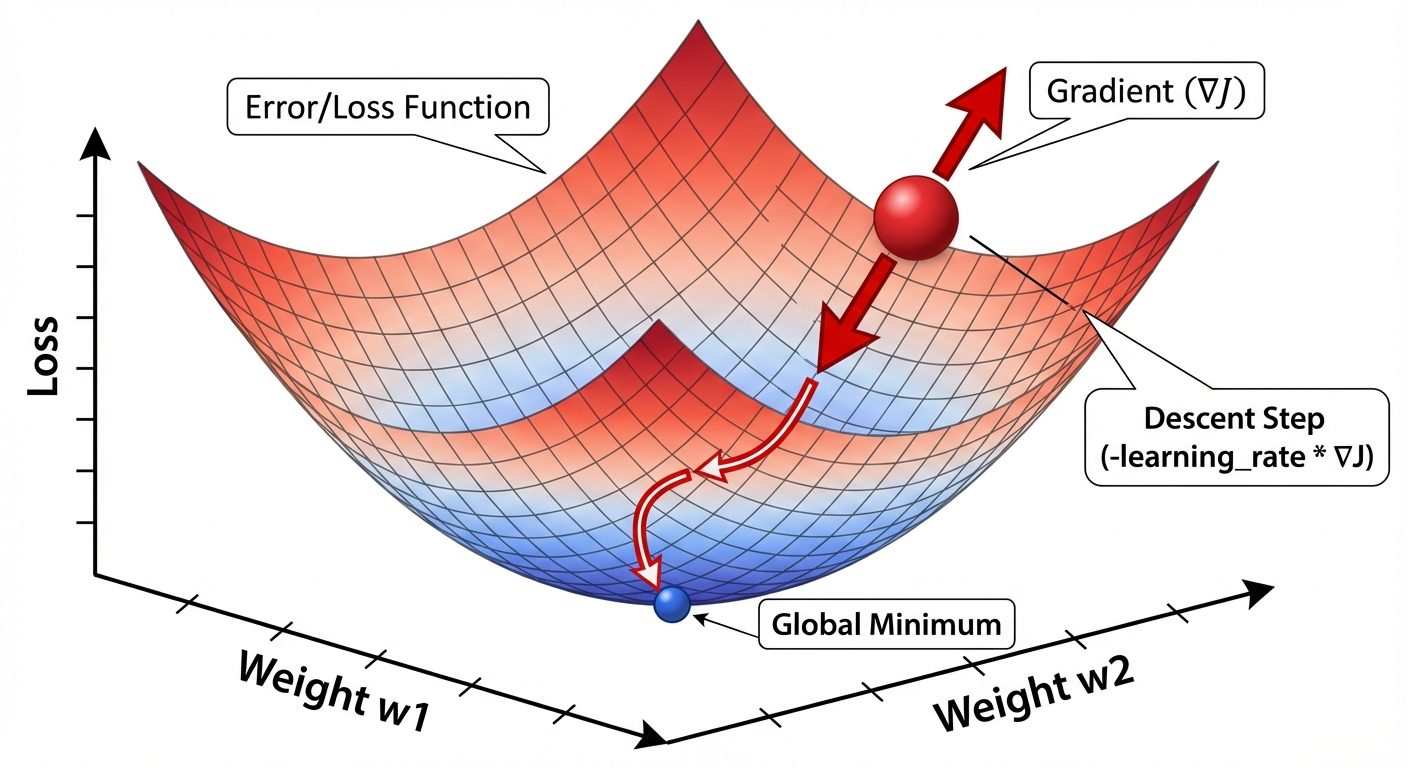 A 3D surface plot illustrating Gradient Descent optimization. Show a wireframe "bowl-shaped" valley ...