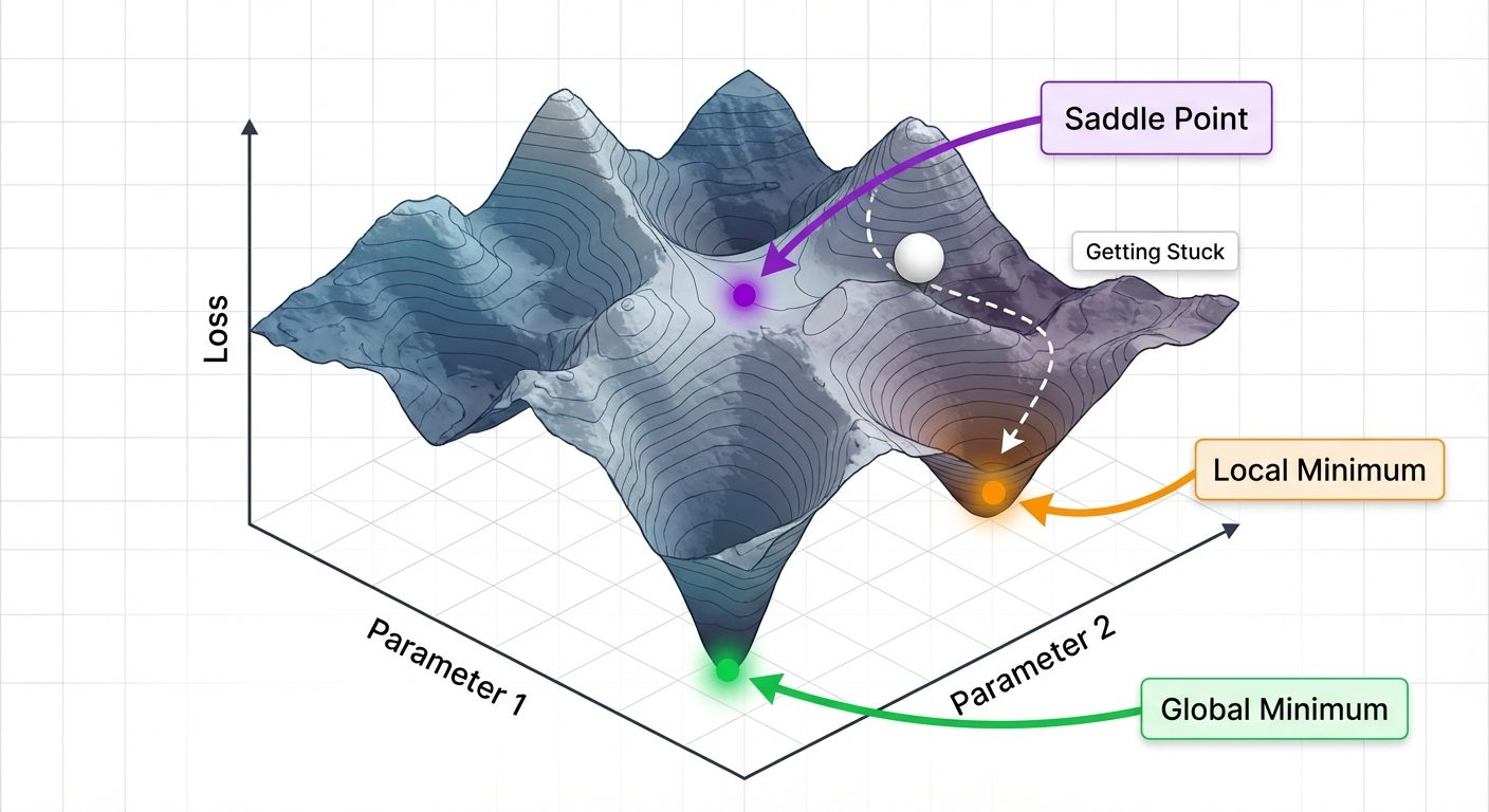 A detailed 3D surface plot diagram illustrating an optimization landscape (Loss vs Parameter 1 vs Pa...