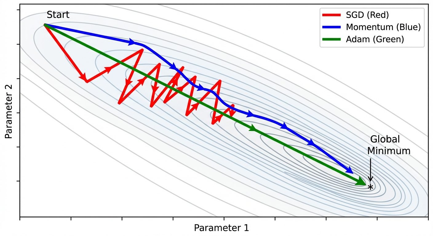 A comparison diagram illustrating the paths taken by different optimizers on a long, narrow valley l...