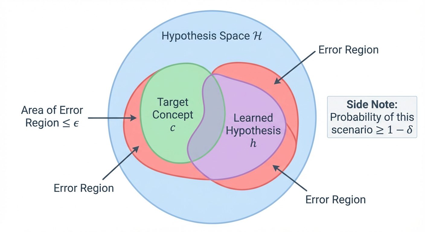 A set theory/Venn diagram visualization of PAC Learning. A large circle represents the "Hypothesis S...