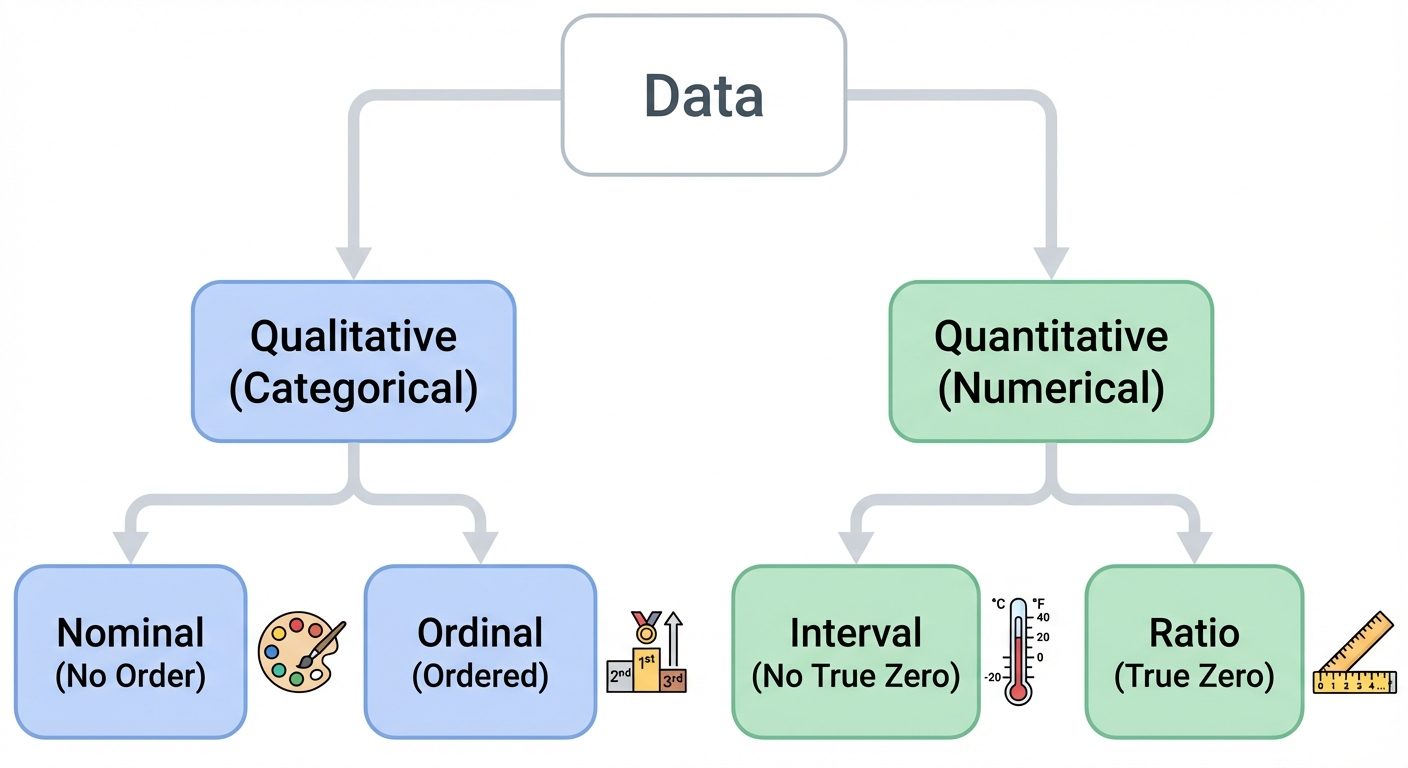 A hierarchical tree diagram classifying "Types of Data". The root node is "Data". It branches into t...