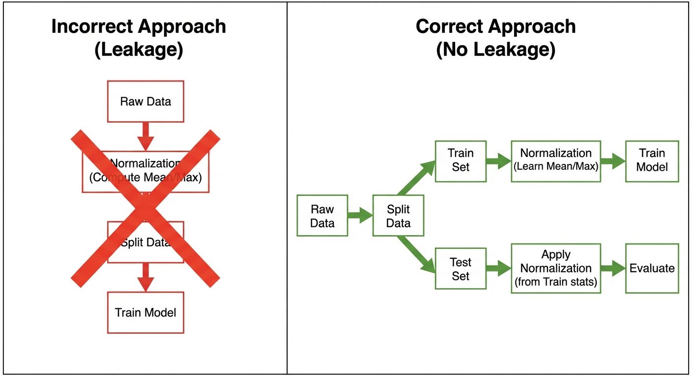 A comparison diagram split into two vertical panels titled "Incorrect Approach (Leakage)" and "Corre...