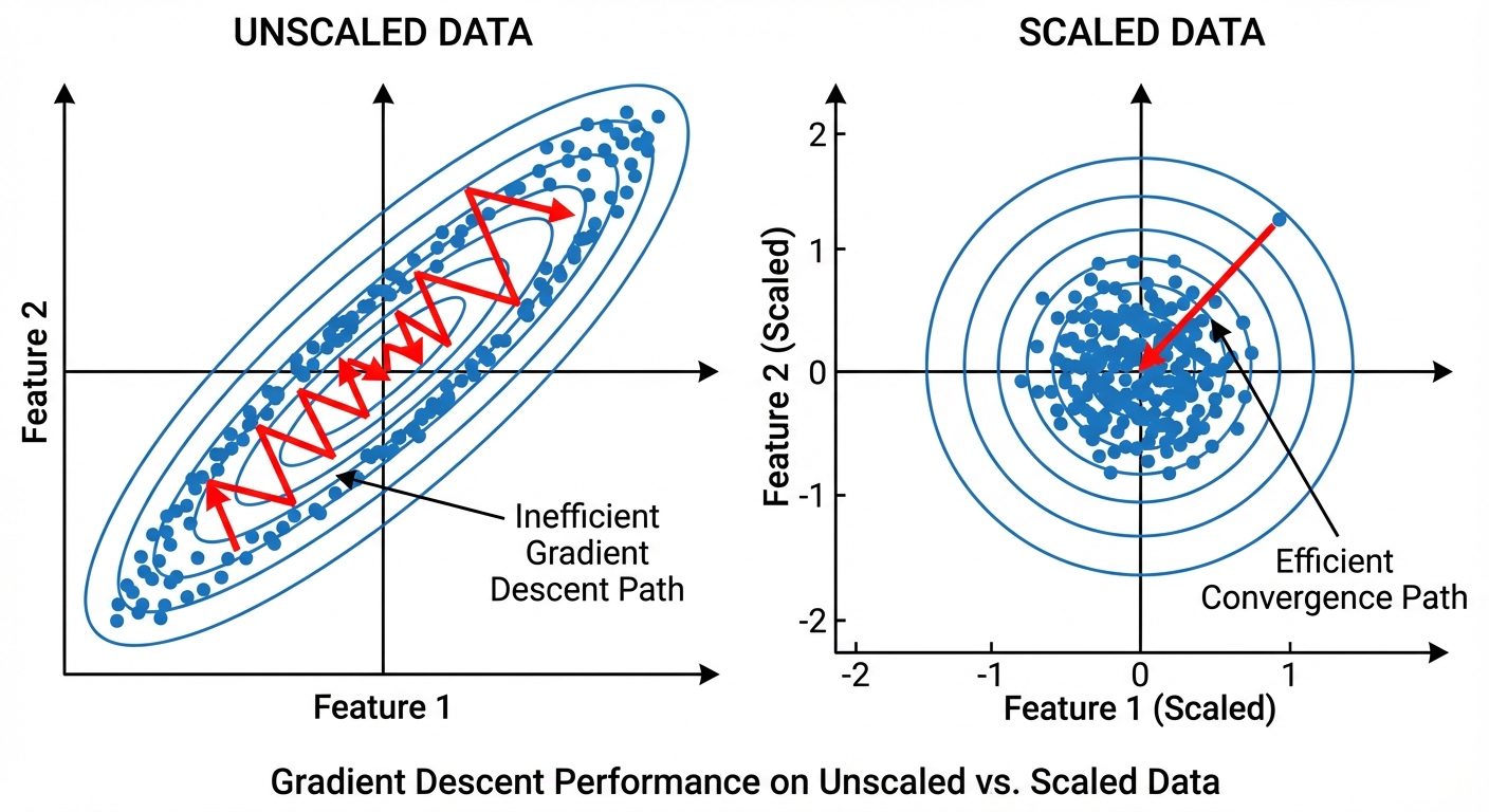 A visualization comparing "Unscaled Data" vs "Scaled Data" using 2D scatter plots and gradient desce...