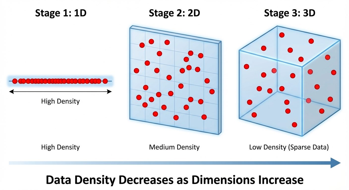 A conceptual illustration of the Curse of Dimensionality. The image should show three stages arrange...