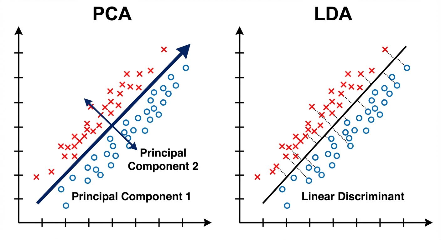 A side-by-side comparison diagram showing PCA vs LDA on a 2D scatter plot. On the left labeled "PCA"...