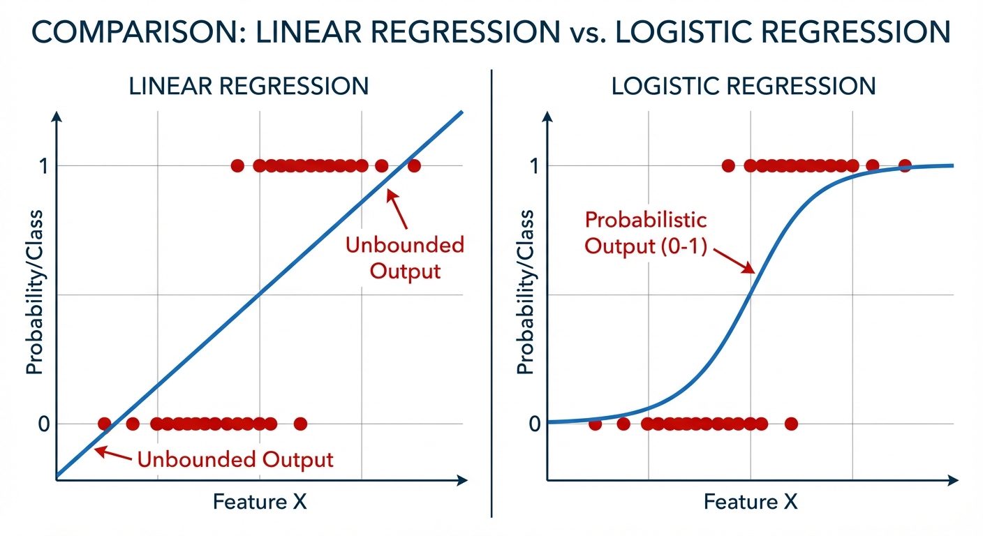 A comparative diagram illustrating Linear Regression versus Logistic Regression. On the left, show a...