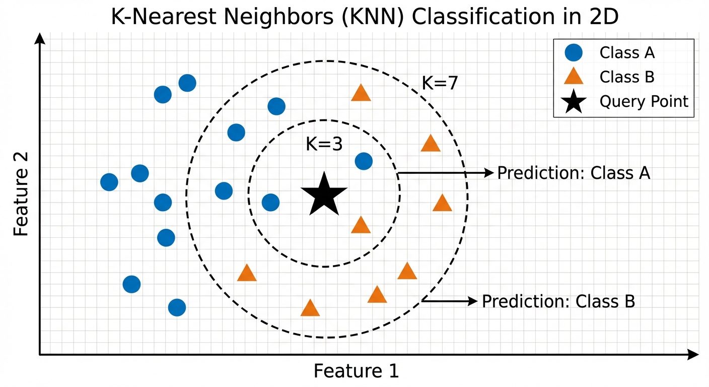 A 2D visualization of the K-Nearest Neighbors (KNN) classification algorithm. The plot shows a scatt...