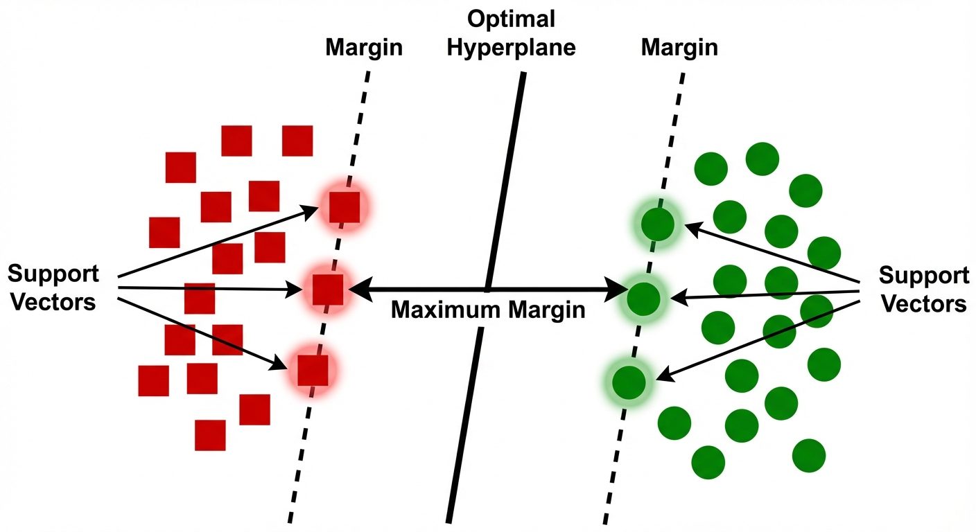 A detailed geometric diagram of a Support Vector Machine (SVM). Show two clusters of data points, re...