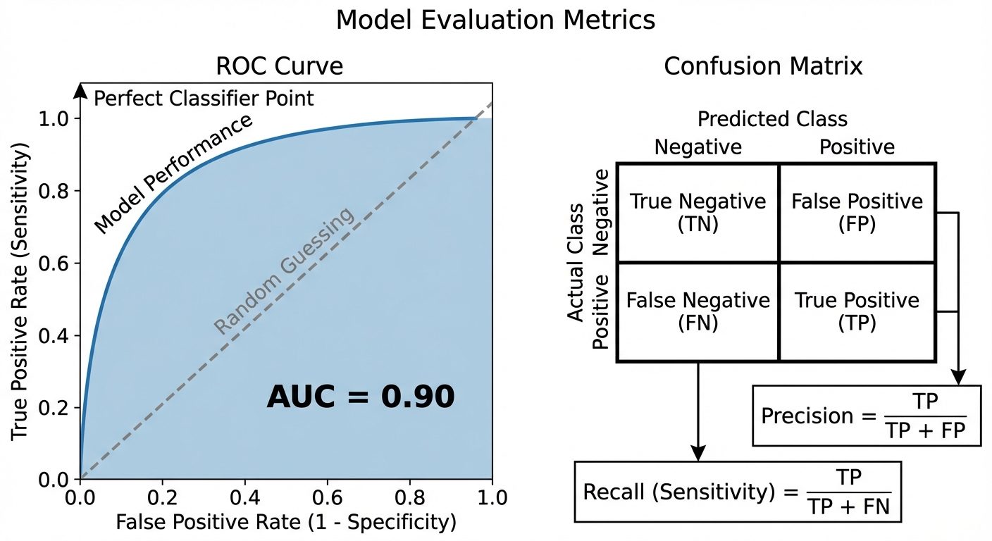 A dual-panel diagram showing model evaluation curves. The left panel shows an ROC Curve plotting "Tr...