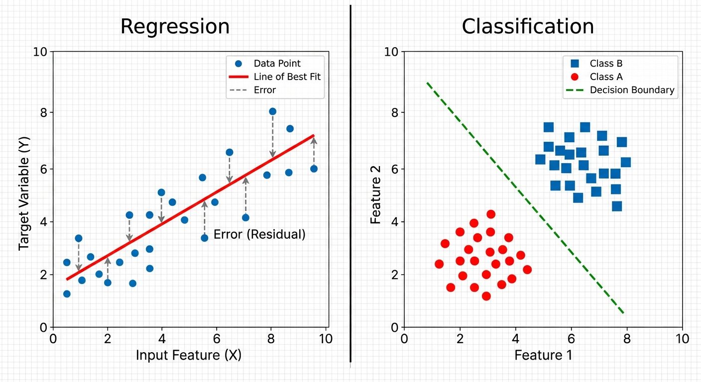 A split comparison diagram with two distinct panels. The left panel is titled 'Regression' and shows...