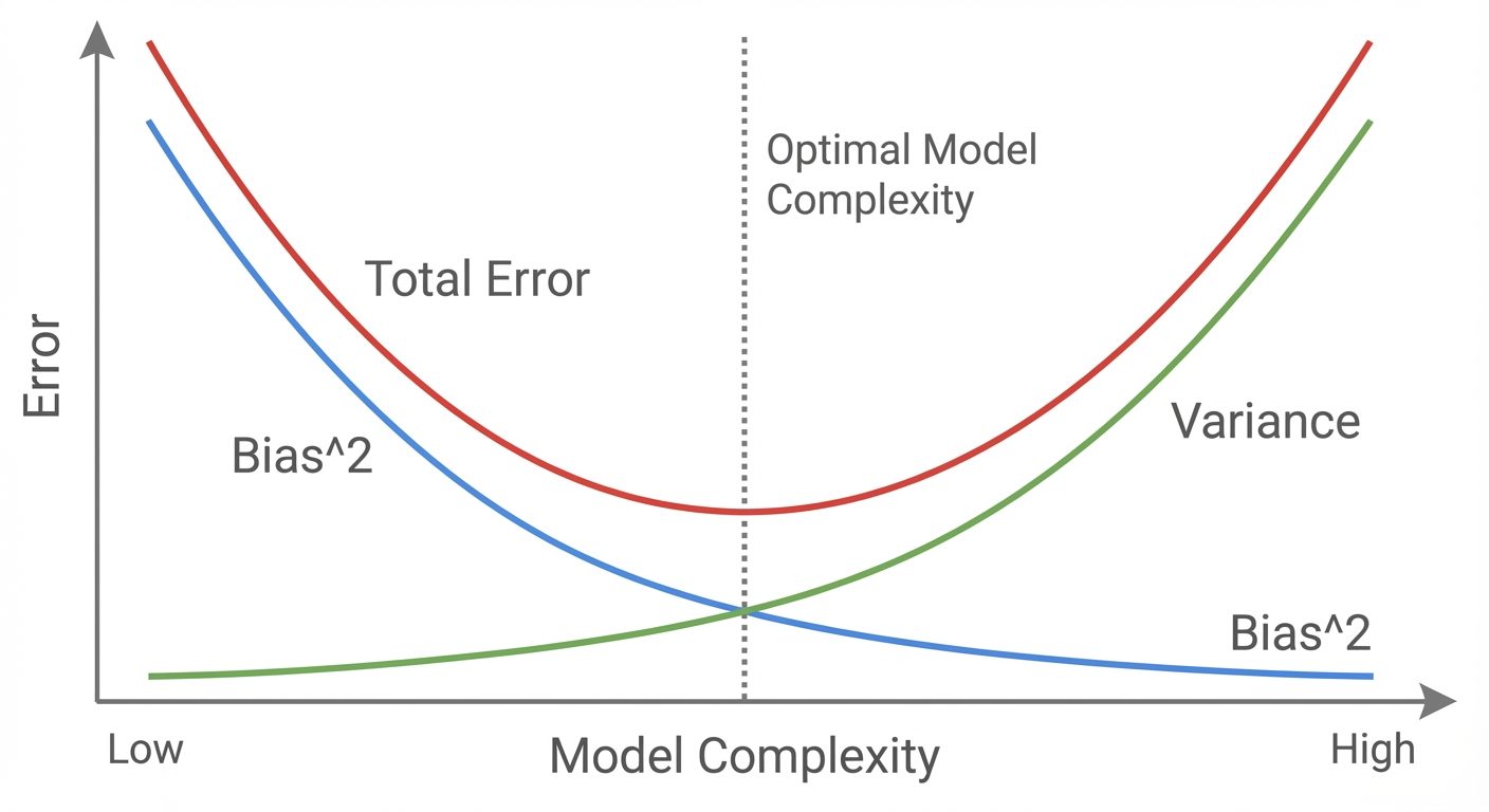 A line graph visualizing the Bias-Variance Tradeoff. The X-axis is labeled 'Model Complexity' (Low t...