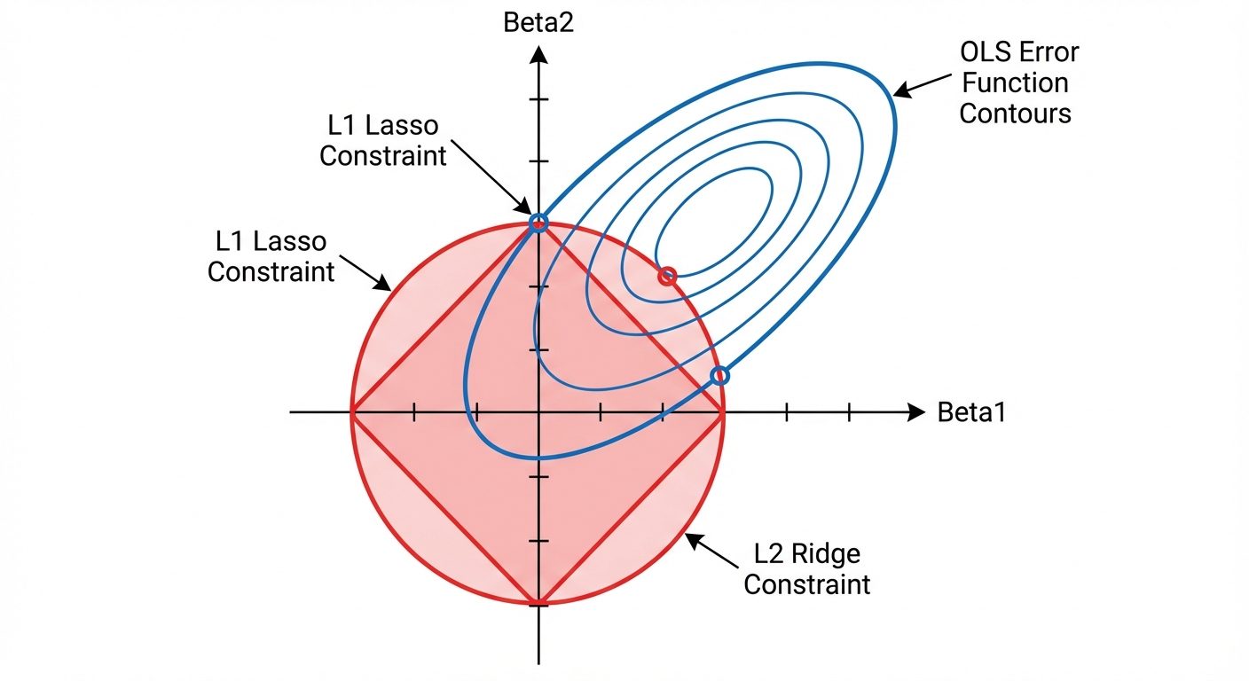A geometric conceptual diagram comparing L1 (Lasso) and L2 (Ridge) regularization constraints. The d...