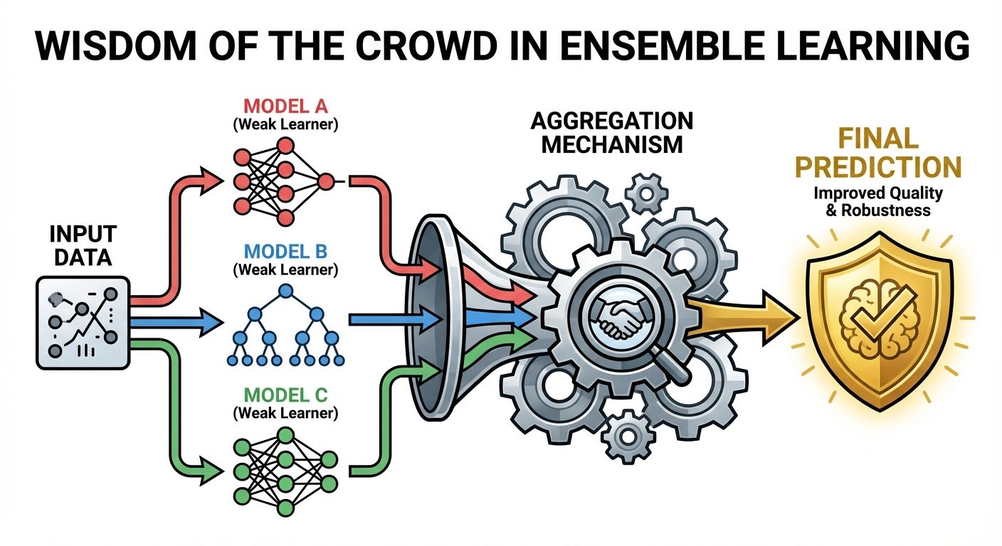 A conceptual diagram illustrating the 'Wisdom of the Crowd' in Ensemble Learning. The image should s...