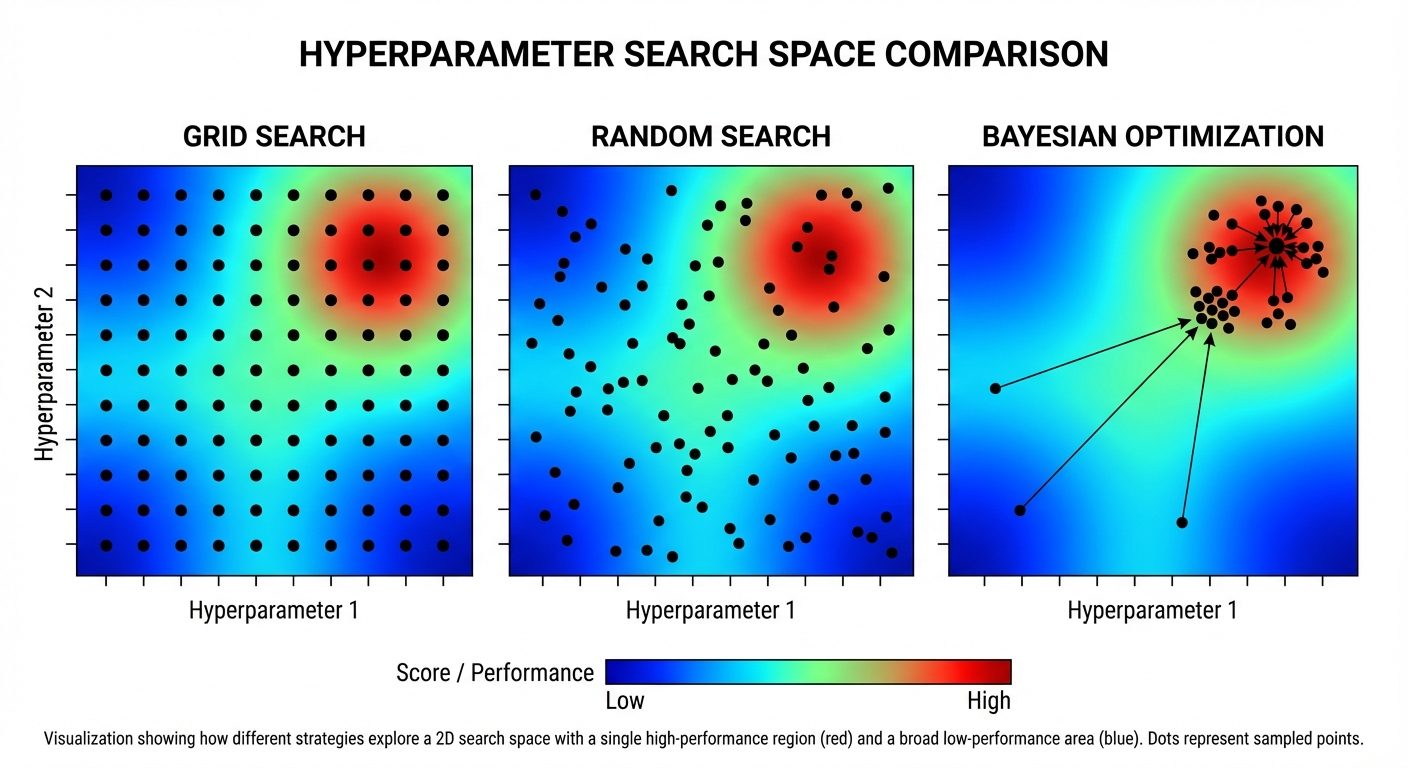 A visualization comparing 'Grid Search', 'Random Search', and 'Bayesian Optimization' search spaces....