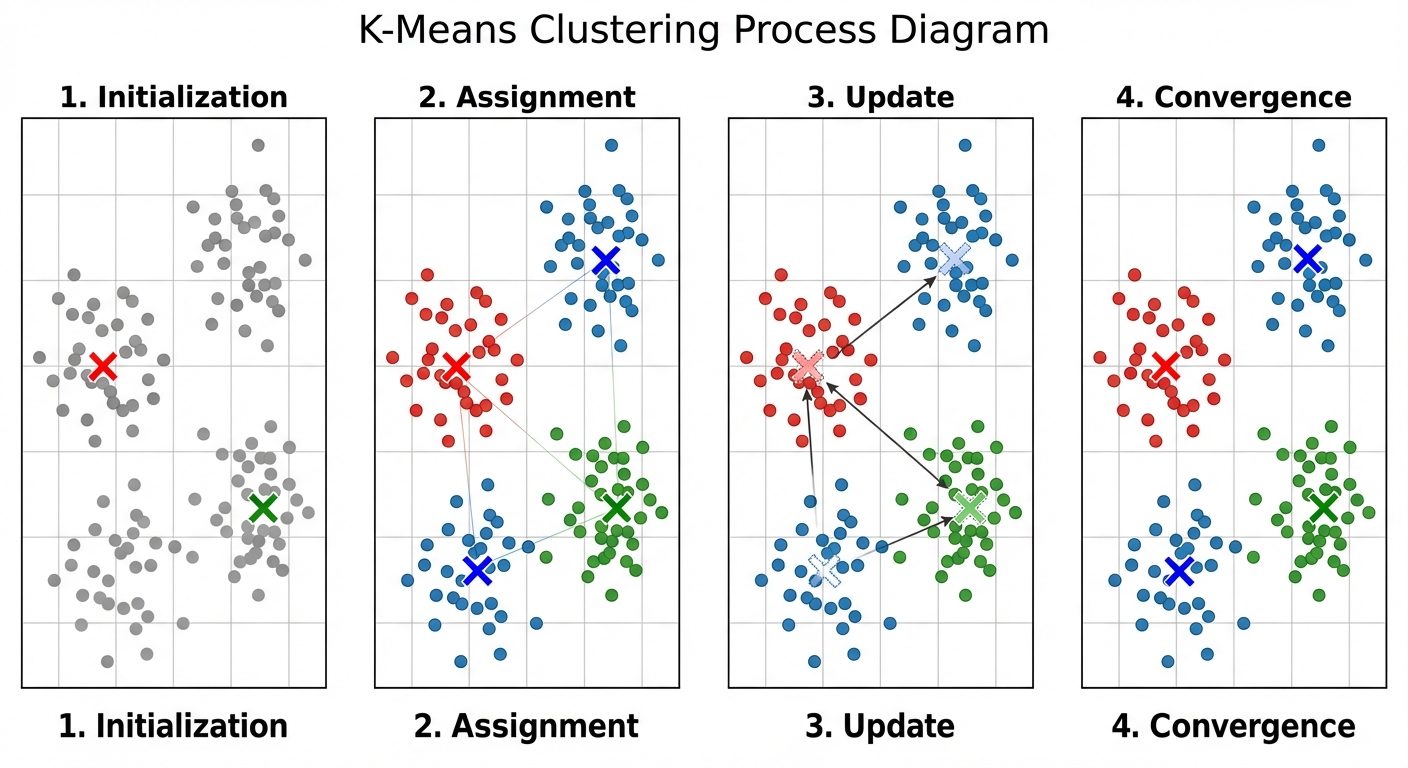 A diagram illustrating the K-Means clustering process in four steps. Panel 1: "Initialization" showi...