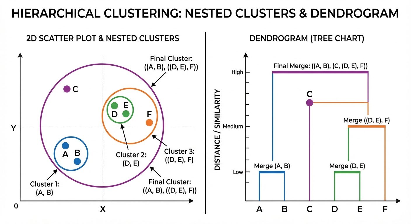A dual-panel educational diagram explaining Hierarchical Clustering. Left panel: A 2D scatter plot w...