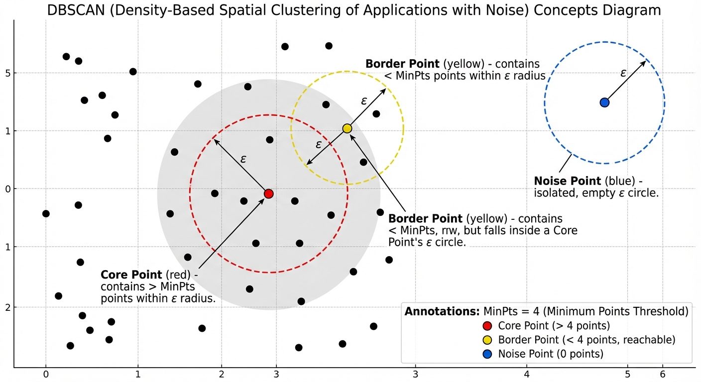 A detailed technical diagram illustrating DBSCAN concepts. The image shows a collection of dots on a...