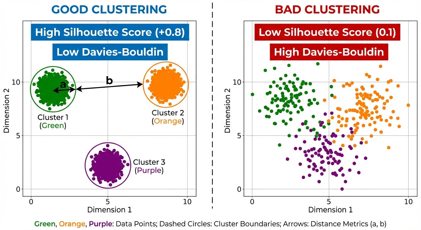A comparison diagram for Clustering Evaluation metrics. Left side: A plot showing "Good Clustering" ...