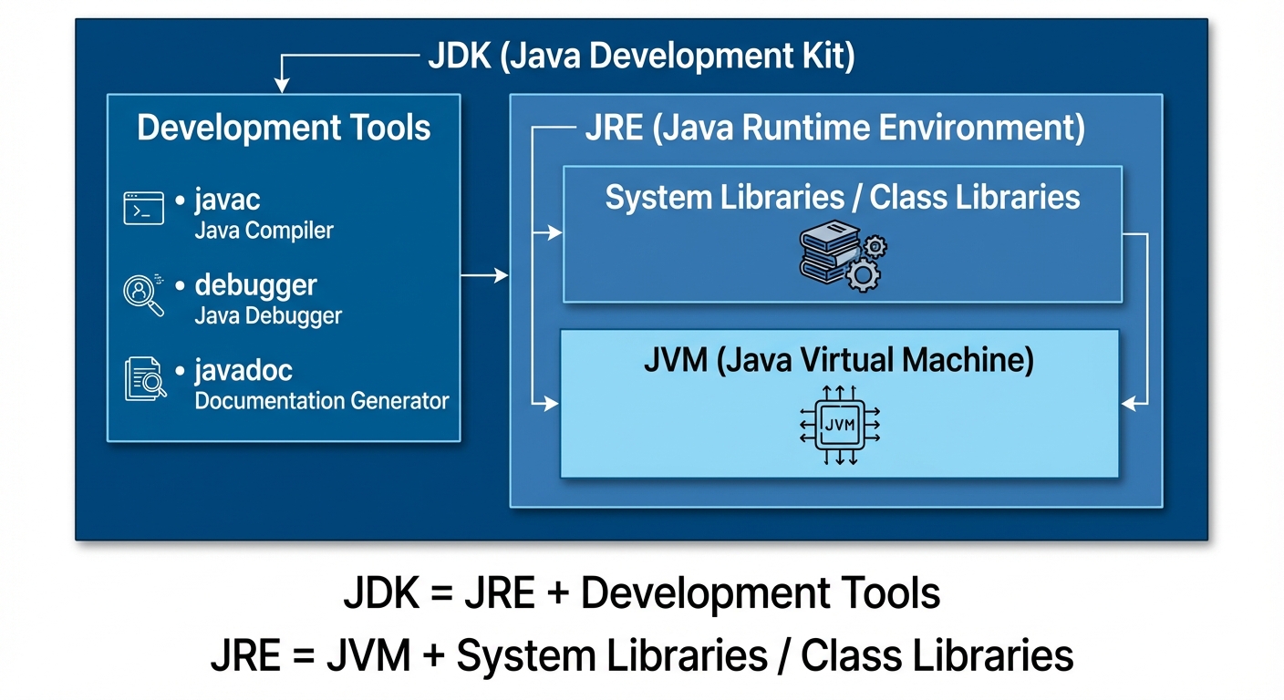 A nested block diagram illustrating the relationship between JDK, JRE, and JVM. The outermost large ...