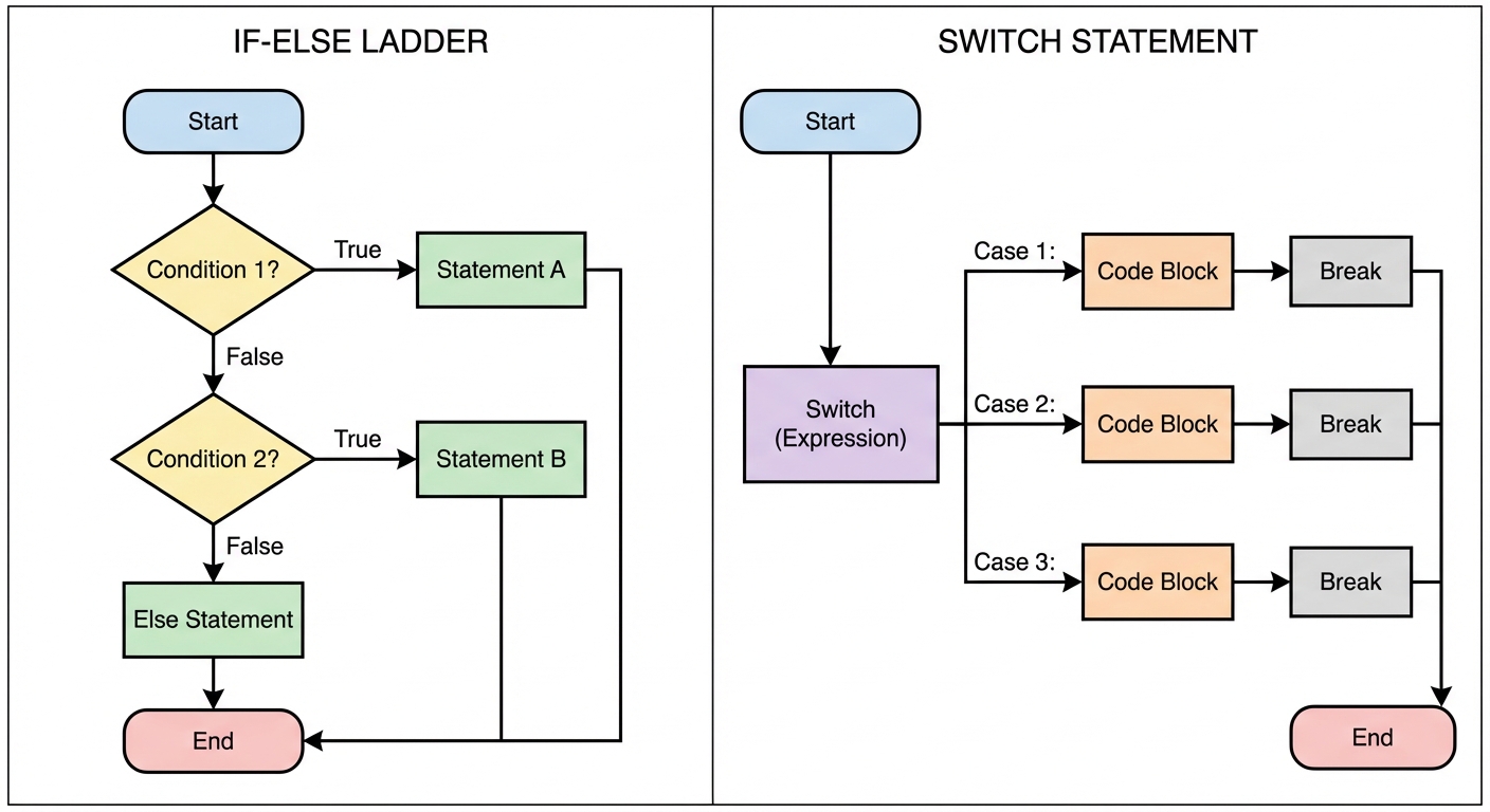 A comparative flowchart diagram showing two control flow logic paths side-by-side. Left side: "If-El...