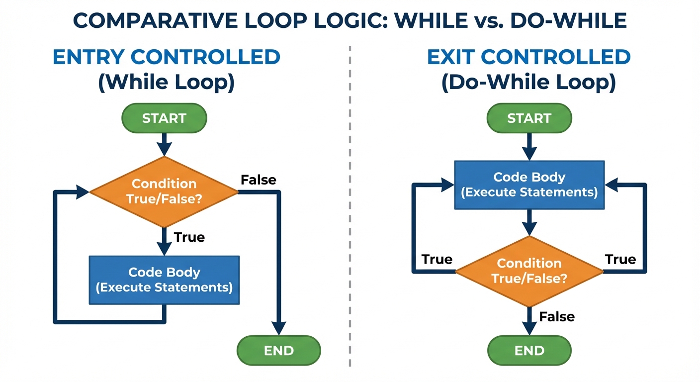 A comparative flowchart diagram illustrating the logic of 'while' versus 'do-while' loops. The diagr...