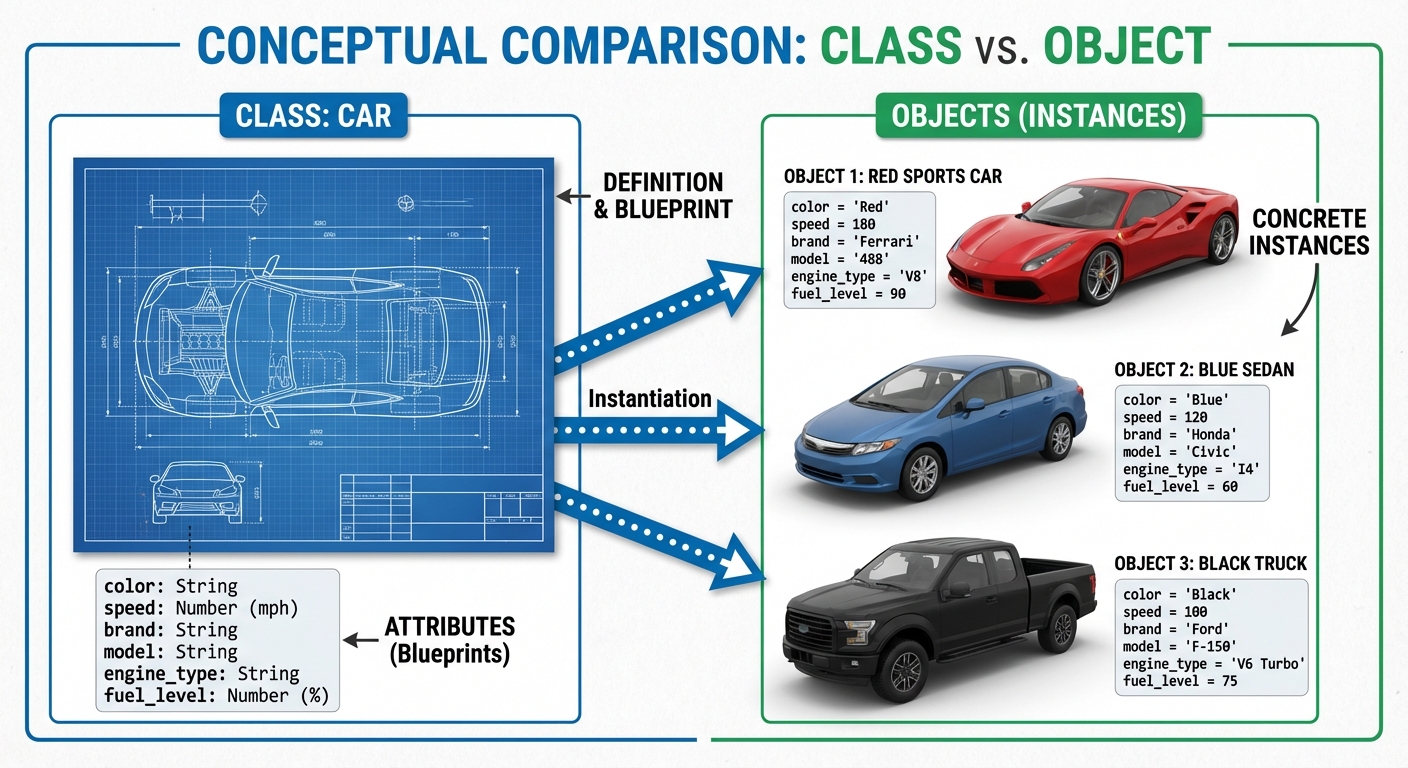 A conceptual illustration comparing a Class to an Object. The left side shows a technical blueprint/...