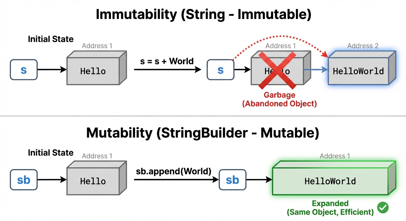 A comparison diagram illustrating 'Immutability' vs 'Mutability' in memory. Top half (String - Immut...