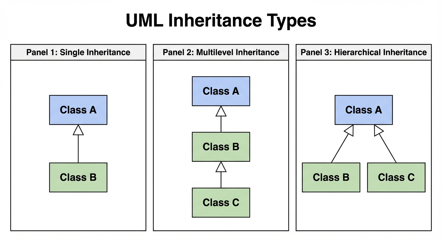 A UML-style class diagram illustrating three types of inheritance side-by-side. Panel 1: "Single Inh...
