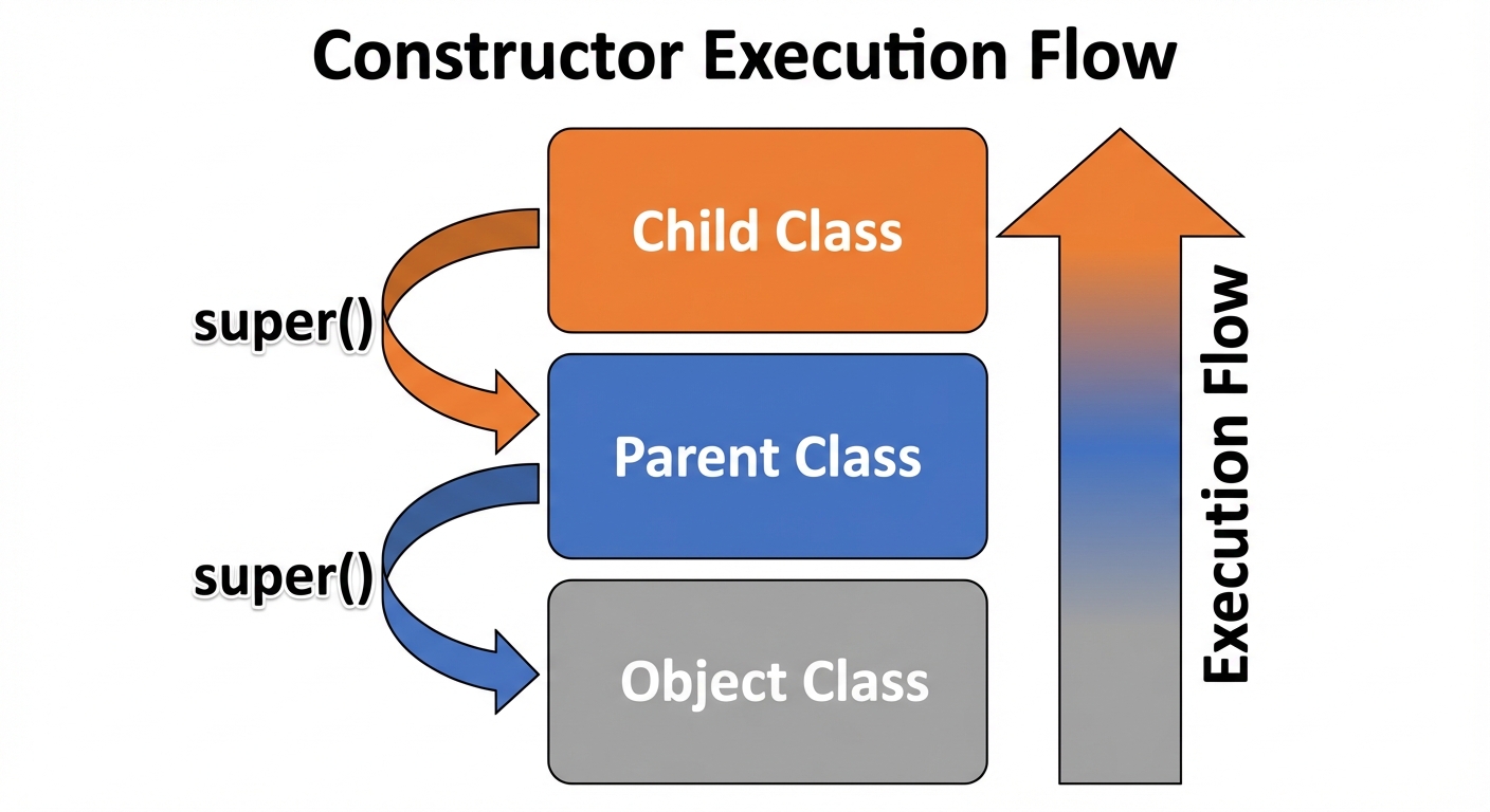 A conceptual diagram visualizing "Constructor Chaining" in Java. Show a vertical stack of three bloc...