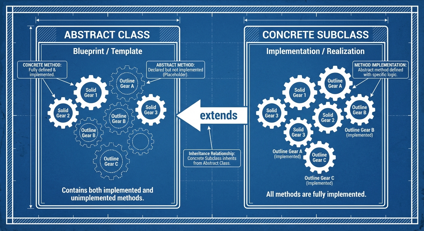 A comparative illustration between an Abstract Class and a Concrete Class. On the left, a box labele...