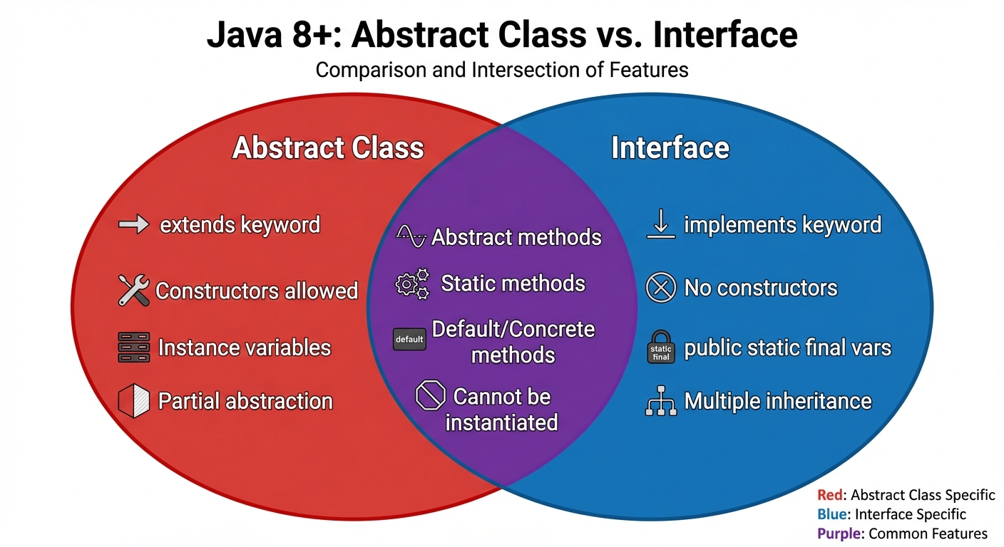 A Venn diagram comparing "Abstract Class" vs "Interface" (Java 8+). Left Circle (Abstract Class): "e...