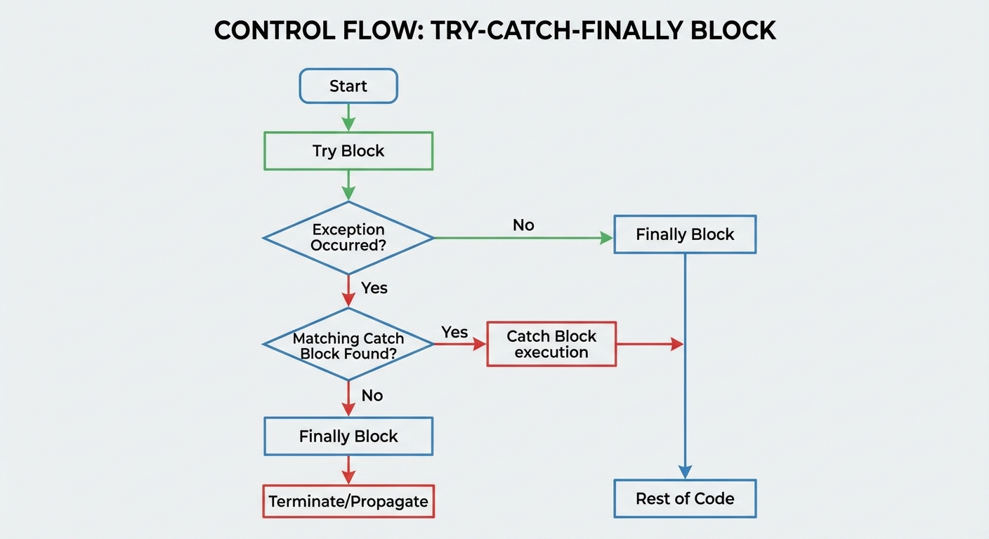 A flowchart diagram showing the control flow of a try-catch-finally block. Start at the top with "St...