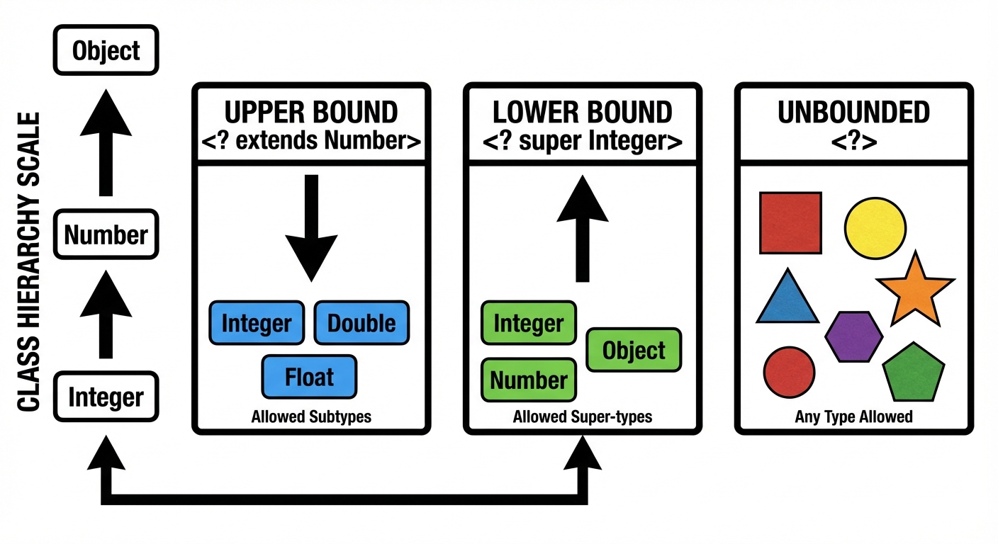 A conceptual diagram illustrating Java Generic Wildcards using a container metaphor. Show three cont...