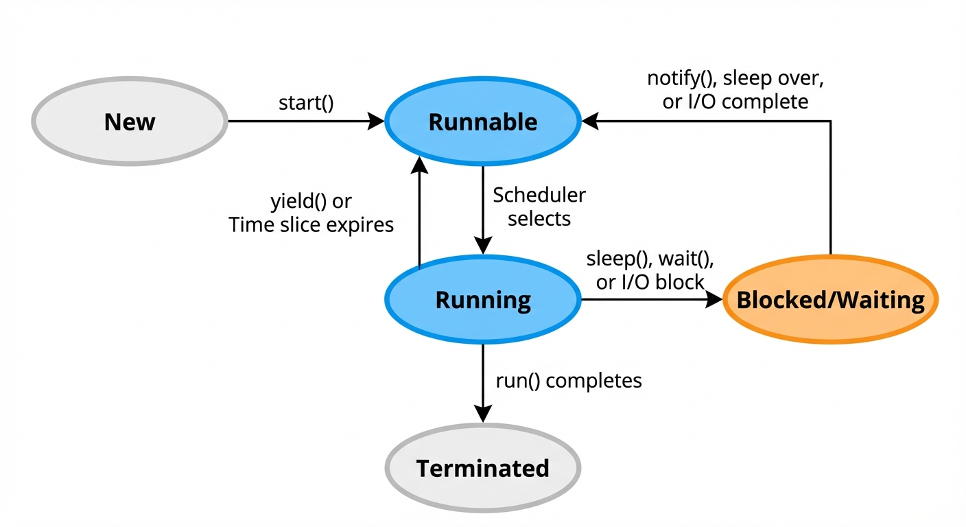 A detailed State Transition Diagram (Flowchart) of the Java Thread Lifecycle. Nodes (Ovals) should b...
