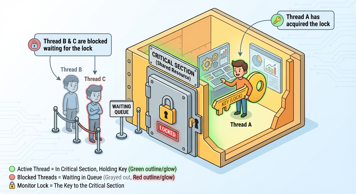 A visual illustration of Java Synchronization using the "Monitor Lock" concept. Show a central room ...
