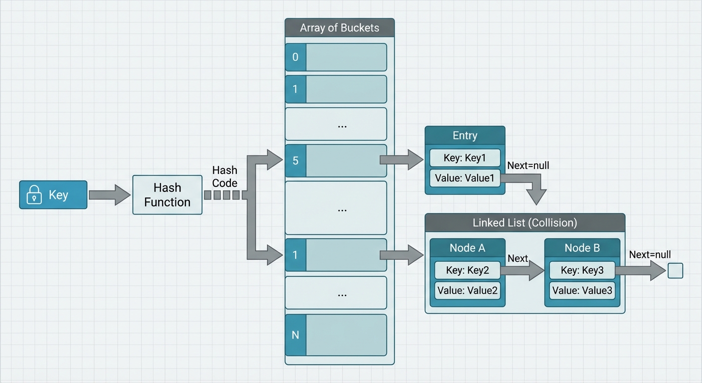 A detailed technical diagram showing the internal structure of a Java HashMap. The diagram should sh...
