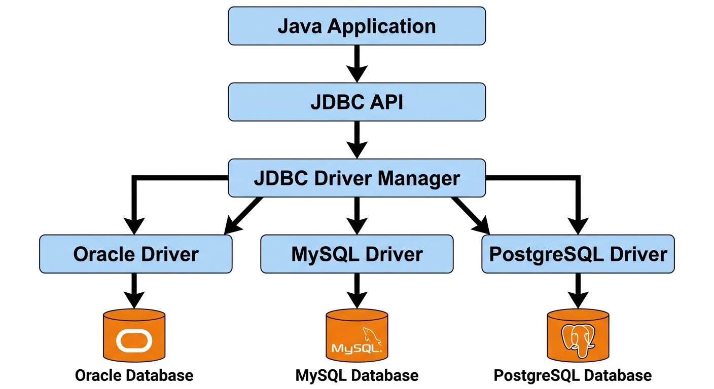 A block diagram representing the JDBC Architecture. Top layer: "Java Application". Arrow down to sec...
