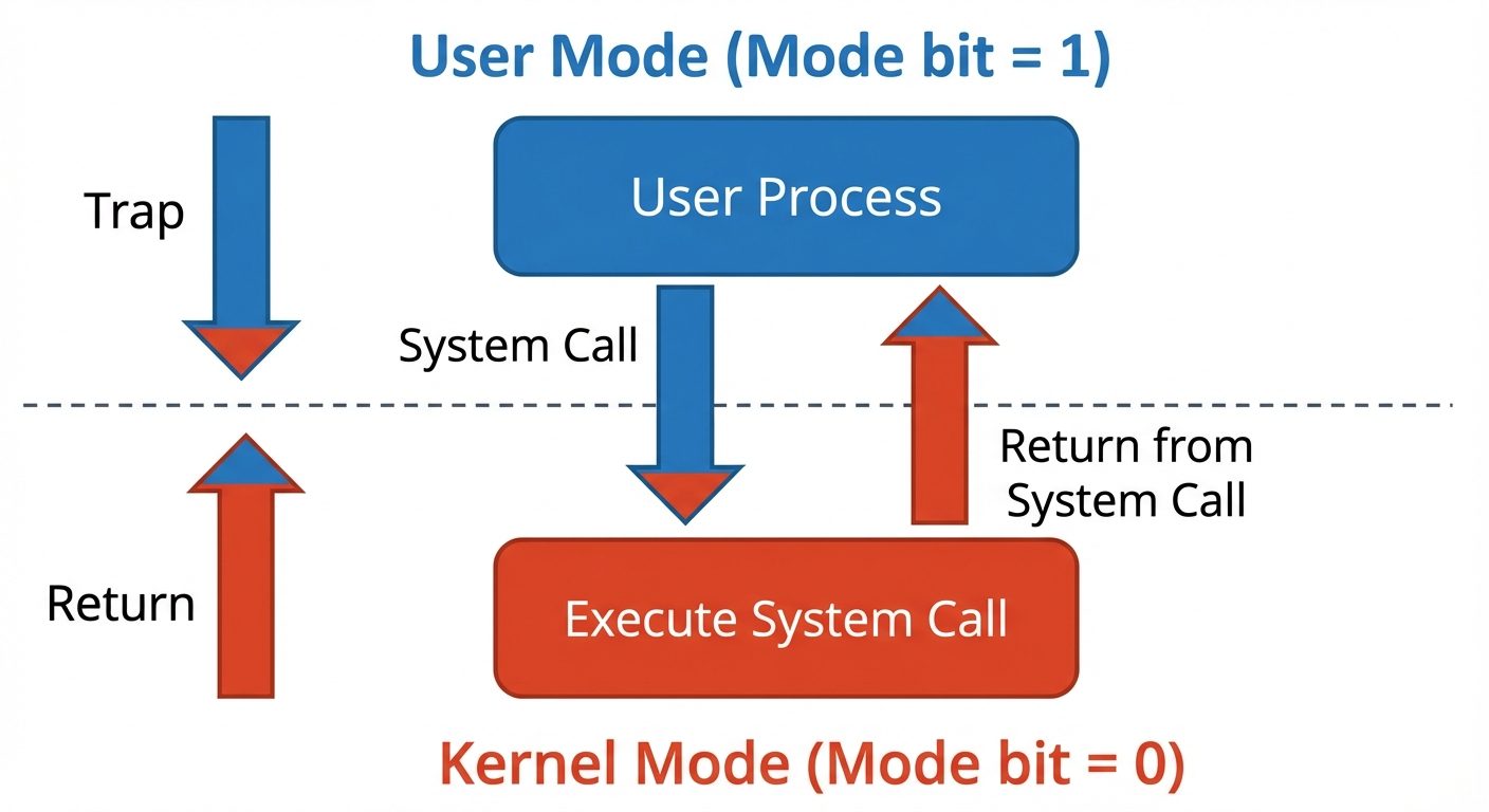 A detailed diagram illustrating the transition between User Mode and Kernel Mode. The diagram should...