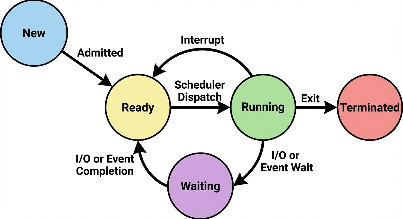 A standard 5-state Process State Transition Diagram. Five circles arranged logically: "New" (top lef...