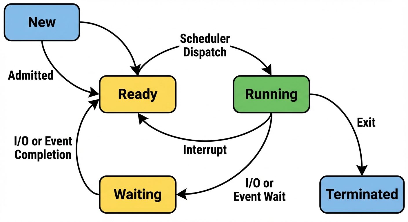 A detailed state transition diagram (flowchart style) for Process States. Five oval or rounded-recta...