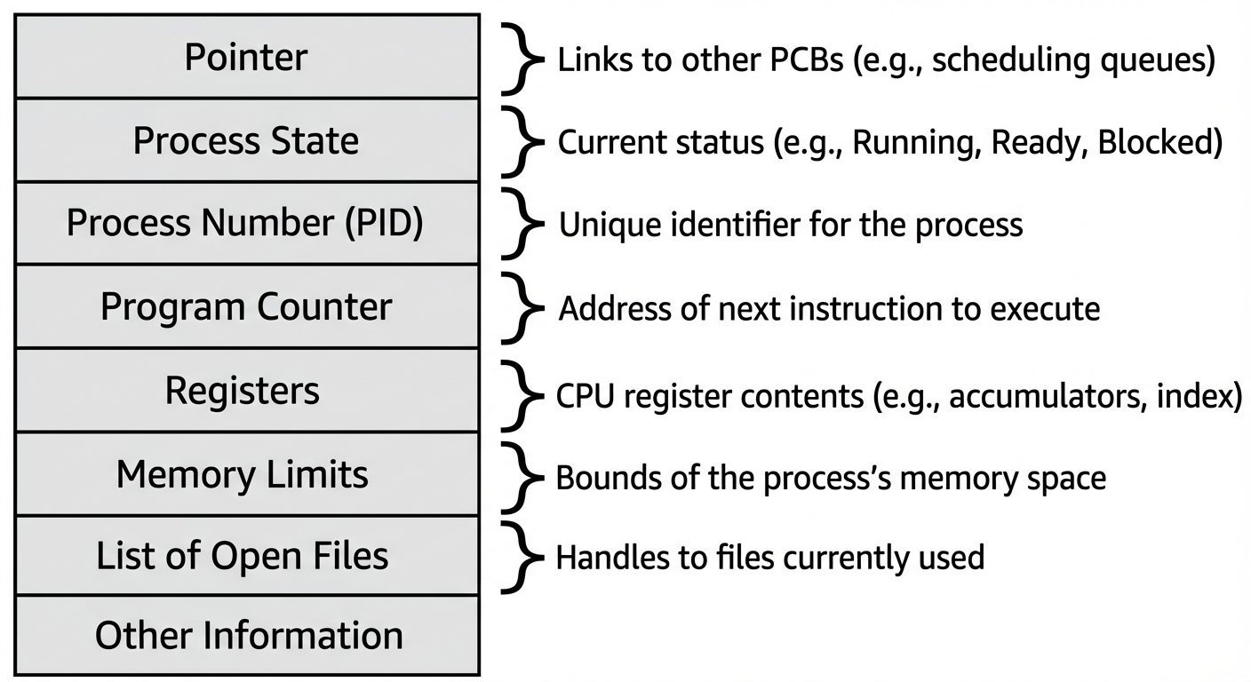 A diagram of a Process Control Block (PCB) visualized as a vertical stack of data fields. The main c...