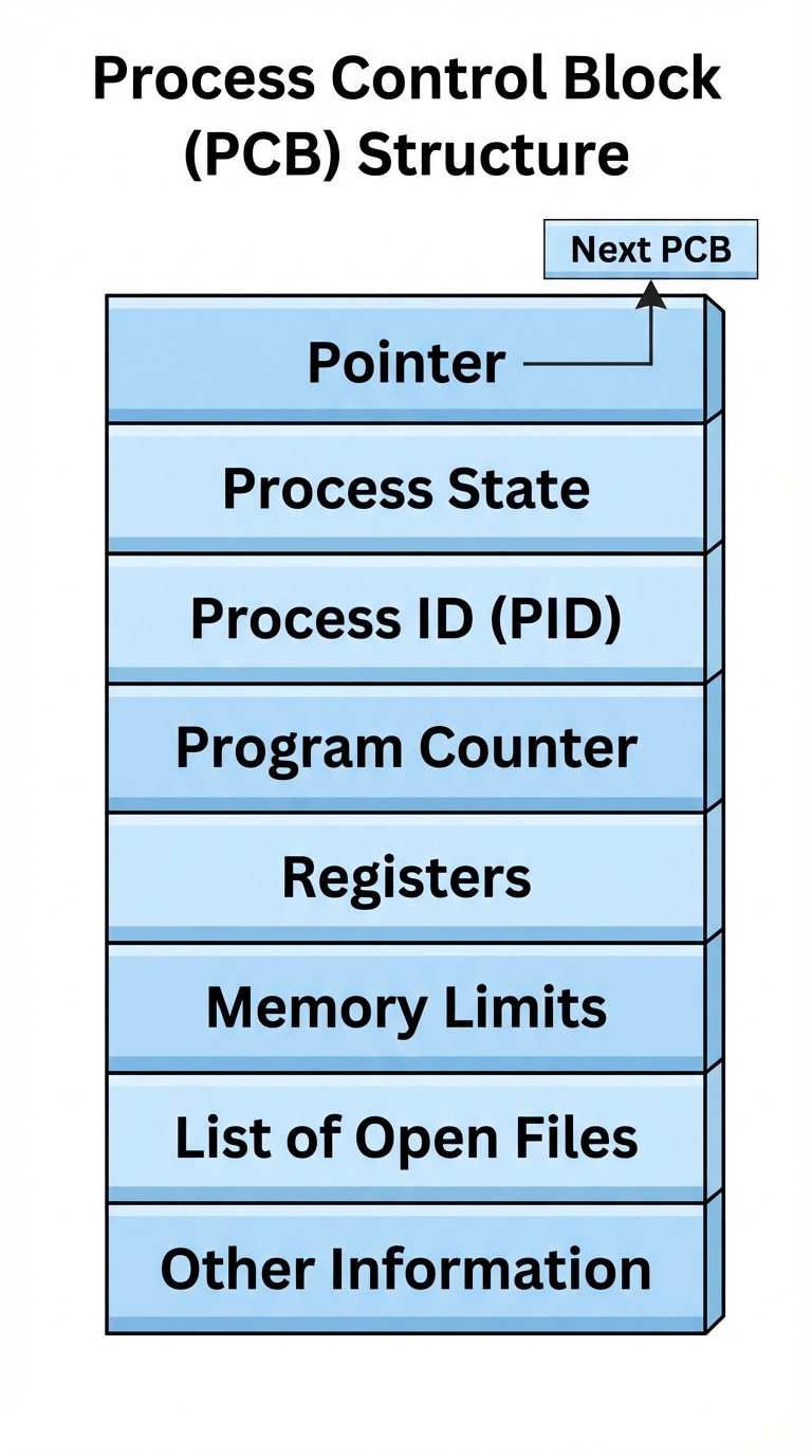 A vertical diagram illustrating the structure of a Process Control Block (PCB). It should look like ...