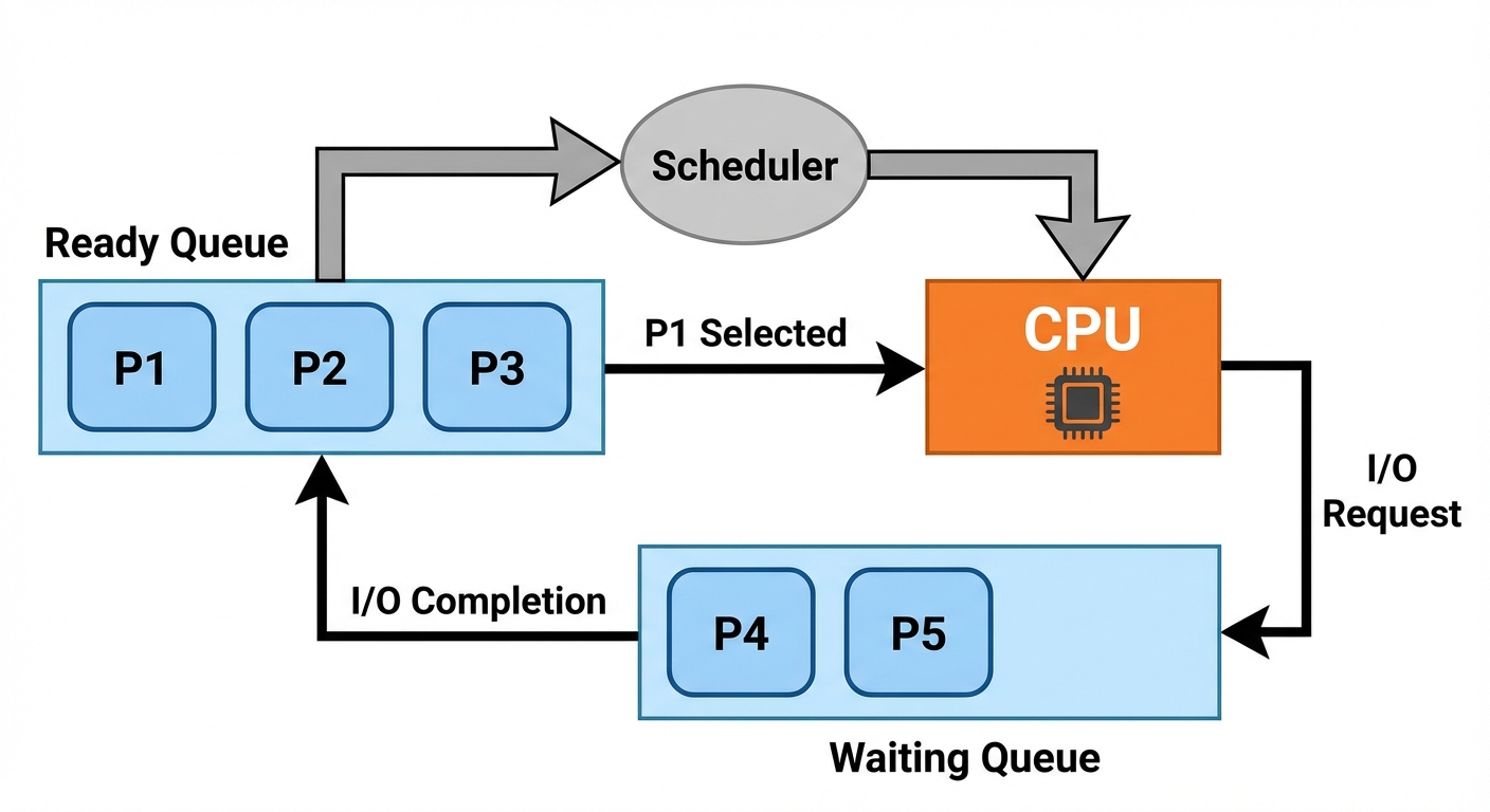 A detailed block diagram illustrating the basic structure of a CPU Scheduler within an Operating Sys...