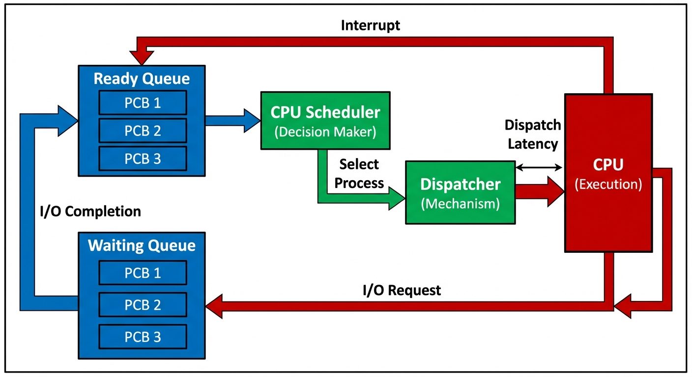 A detailed block diagram illustrating the interaction between the CPU Scheduler, Dispatcher, and Pro...